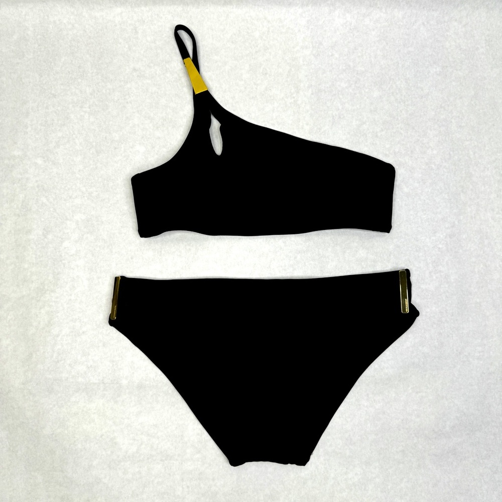 VICTORIA’S SECRET Black One-Shoulder Bikini Set with Gold Hardware - Sz M